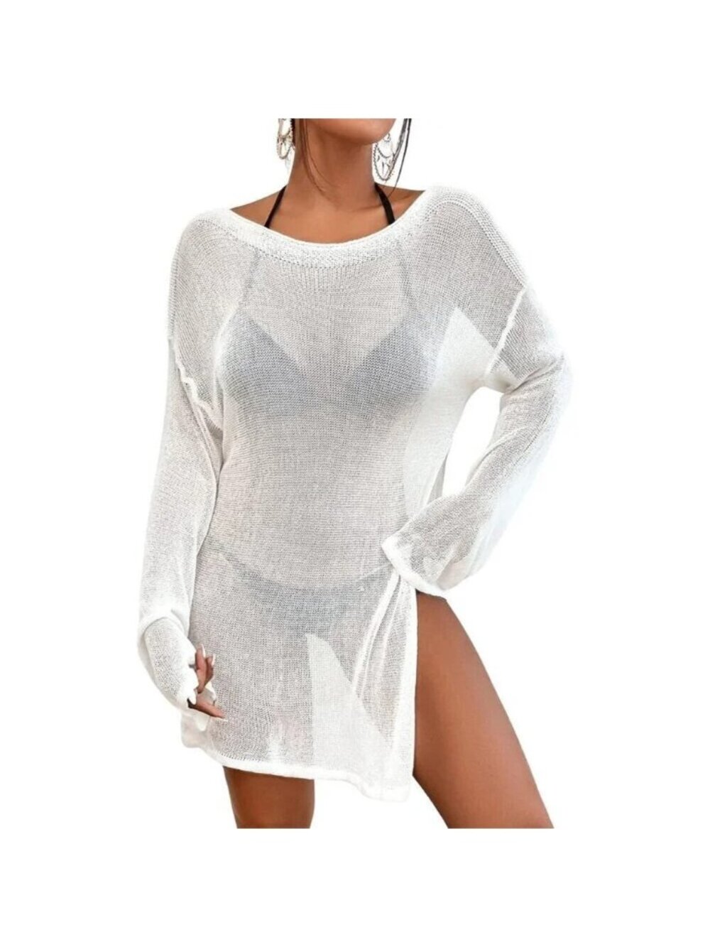 Crochet Beach Cover Up for Women Swimsuit Sheer Top Side Split  Summer Dress